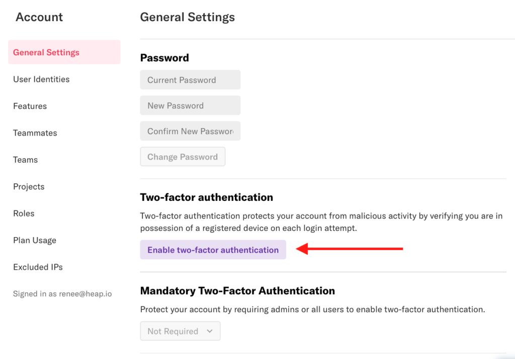 The General Settings page in Heap with an arrow pointed at the 'Enable two-factor authentication' button