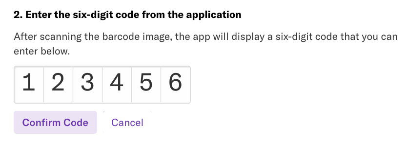 The prompt 'Enter the six-digit code from the application' with a field to enter the code