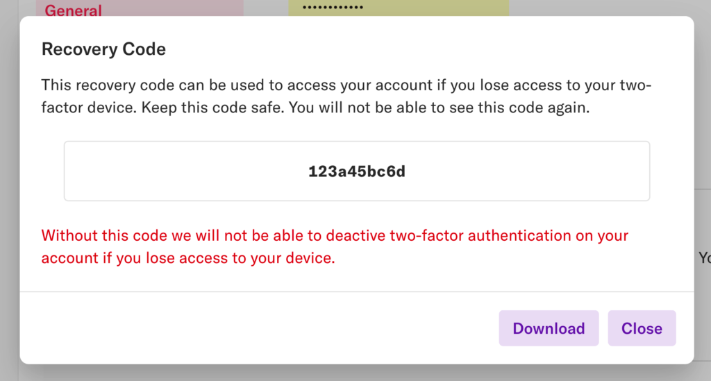 The 'recovery code' pop-up with the recovery code displayed