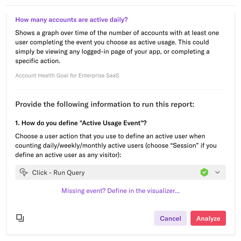 The 'How many accounts are active daily?' Suggested report with the event 'Click - Run Query' selected as the Active Usage Event