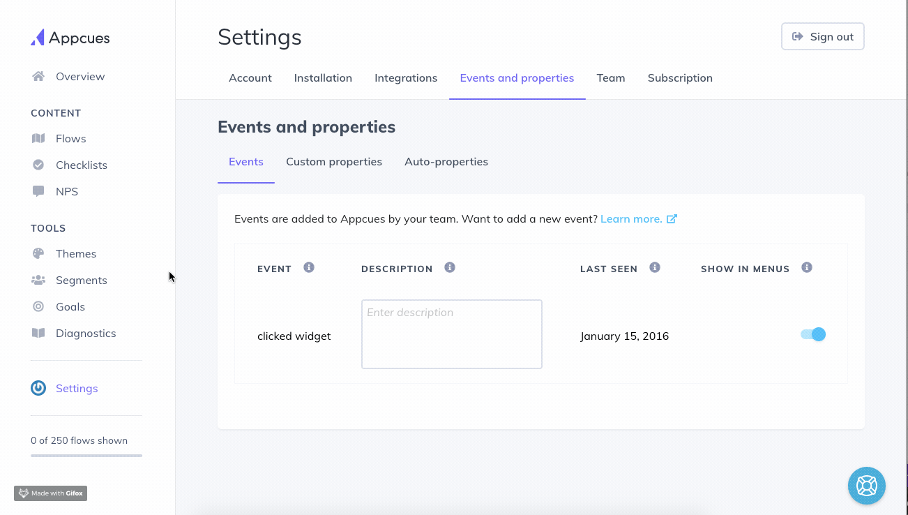 The Appcues Settings > Events and properties page with a clicked widget event is listed