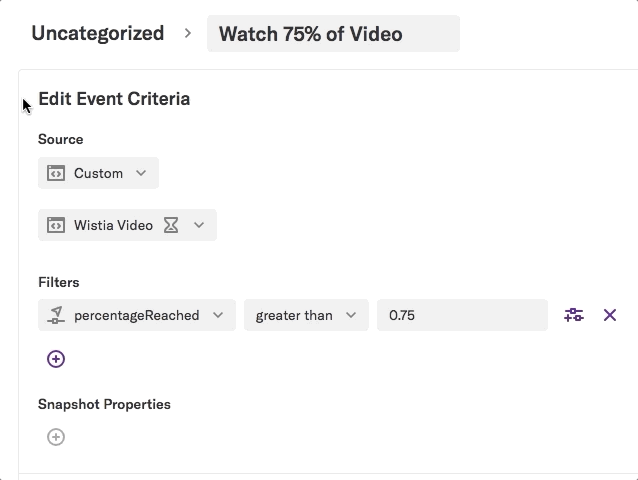 The event details page for 'Watched 75% of Video' where the category is set to a new one, 'Onboarding'