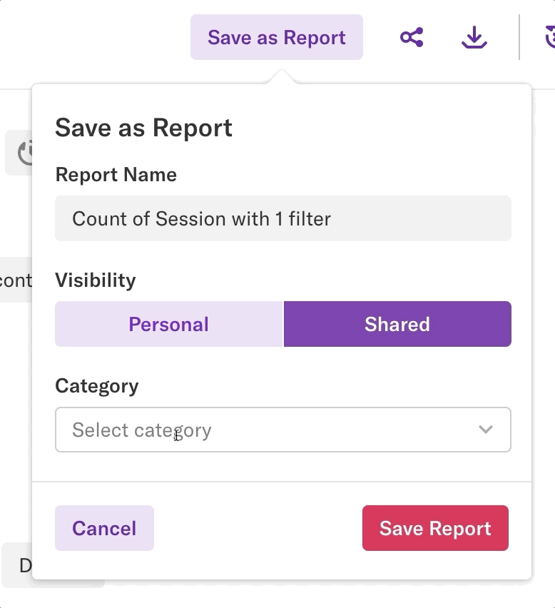 The 'save as new report' pop-up with the category name 'app - reads docs' added