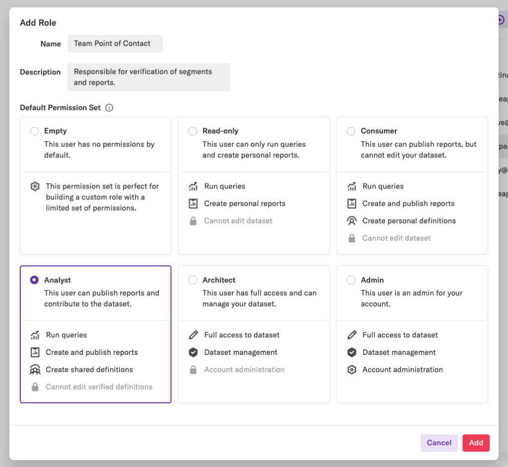 The 'Add Role' pop-up with the Analyst role selected