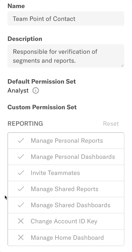 The 'Team Point of Contact' role details page with the mouse toggling the 'Manage Shared Dashboards' permission off