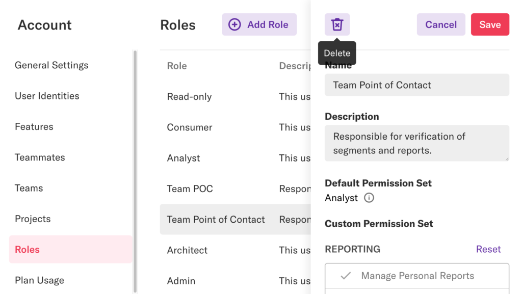 The Roles page with the Read-only role details pane open and a mouse hovering over the 'Delete' button