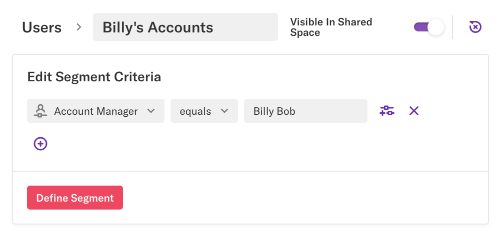A segment 'Billy's Accounts' defined as where Account Manager equals Billy Bob