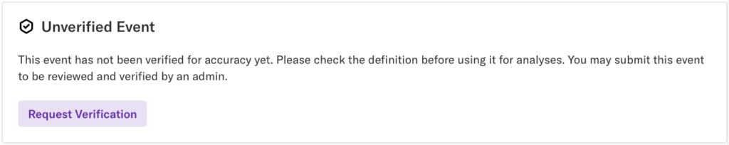 The section of the event details page that states that the event is not verified with a button to request verification