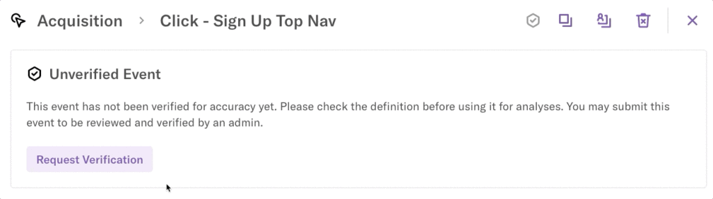 The unverified event section of the event details page for a 'Click - Sign Up Top Nav' event 