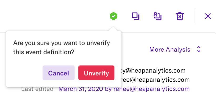 A pop-up 'Are you sure you want to unverify this definition?' with two options that appears on hover over the verify button
