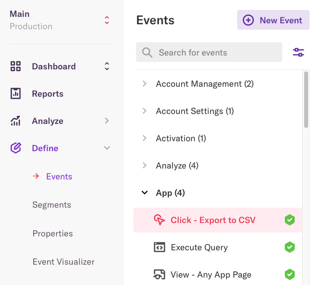 The Events page with the 'Click - Export to CSV' event selected in the list