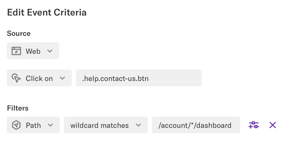 The Edit Event Criteria page filtered by 'Path wildcard matches /account/*/dashboard'