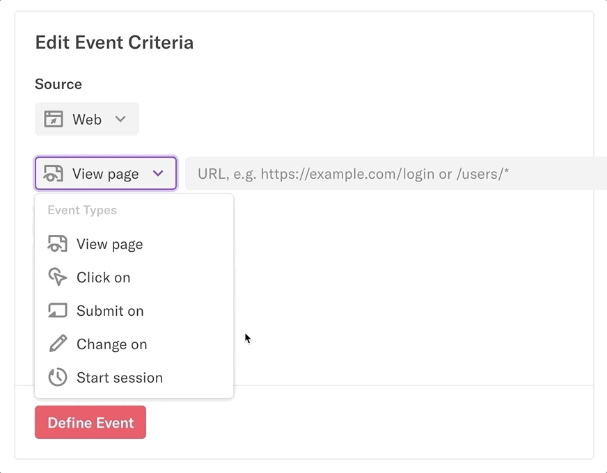 A gif of an event definition being edited from a submit on to change on event
