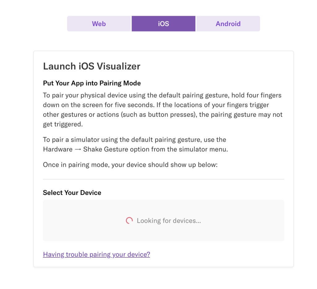 The Event Visualizer page in Heap on the iOS tab, which the text 'looking for devices...'