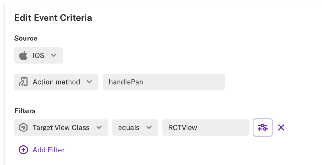 The 'Edit Event Criteria' page with 'Action method = handlePan' and a filter 'Target View Class = RCATView' applied