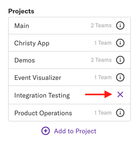 The projects list with an arrow pointed towards the X to the right of the 'Integration Testing' project