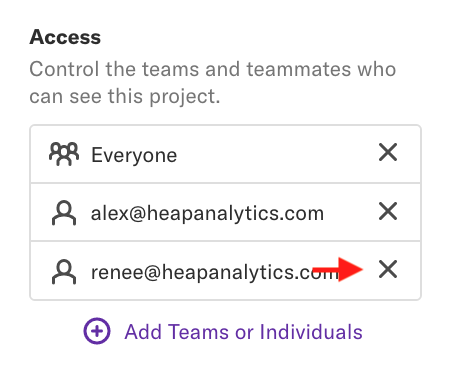 The Access list on the project details page with an arrow pointed towards the X next to a teammate