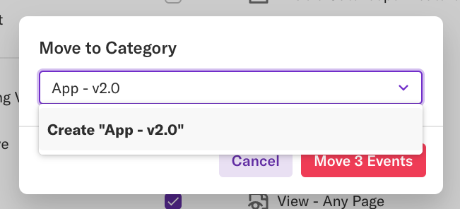 The 'Move to Category' pop-up in which the category 'App - v2.0' is being created