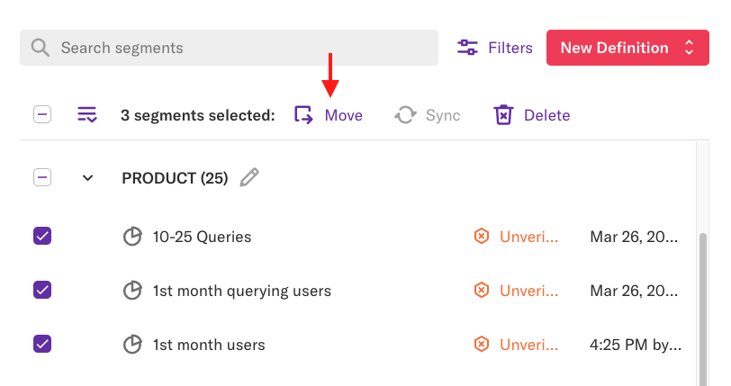 An arrow pointing to the 'move' button on the segment details apge