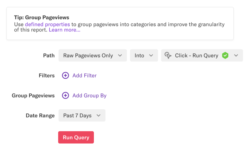 A Paths report 'Raw Pageviews Only Into Click - Run Query' for past 7 days with no filters or group bys applied