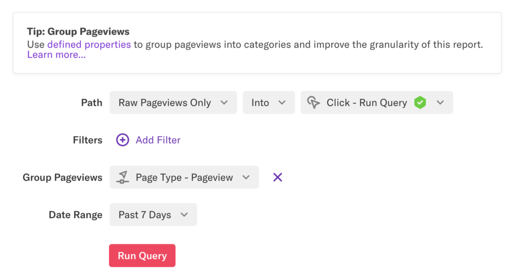 A paths analysis for 'Raw Pageviews Only into Click - Run Query' grouped by 'Page Type - Pageview' for past 7 days