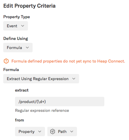 A formula property set to 'Extract using regular expression' with the regex formula added from 'Property = Path'