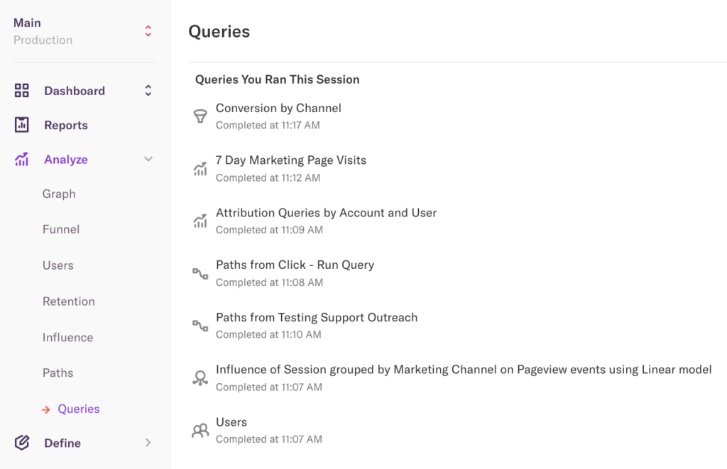 The Queries page in Heap with 'Queries you ran this session' listed