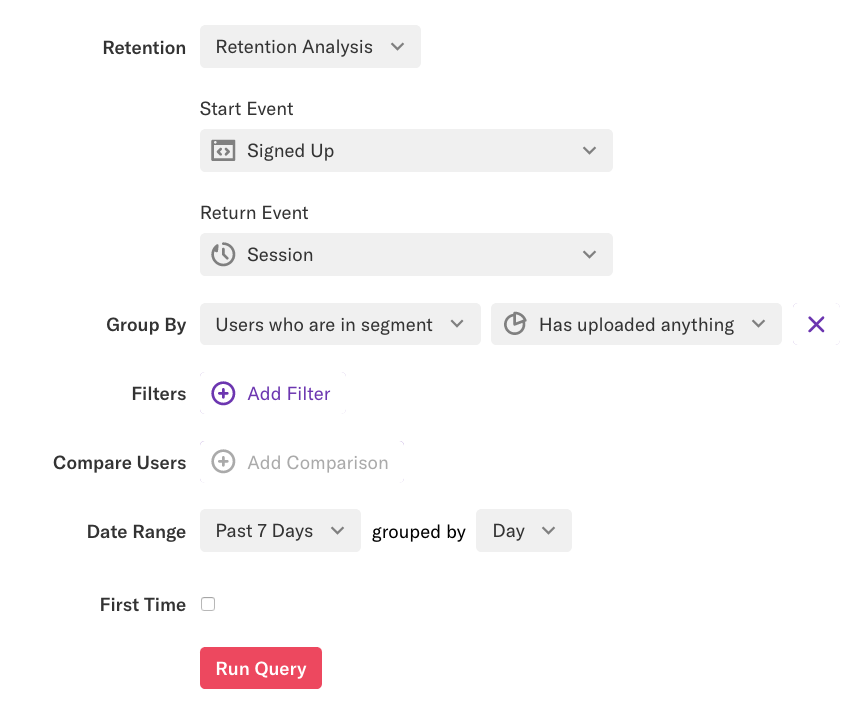 Retention analysis for 'Signed up > Session' grouped by users who are in segment 'Has uploaded anything' for the past 7 days