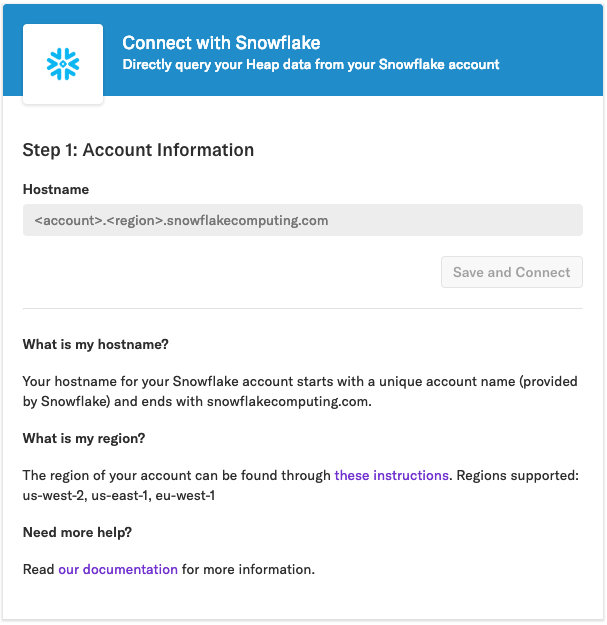 The Connect with Snowflake page in Heap with no fields populated