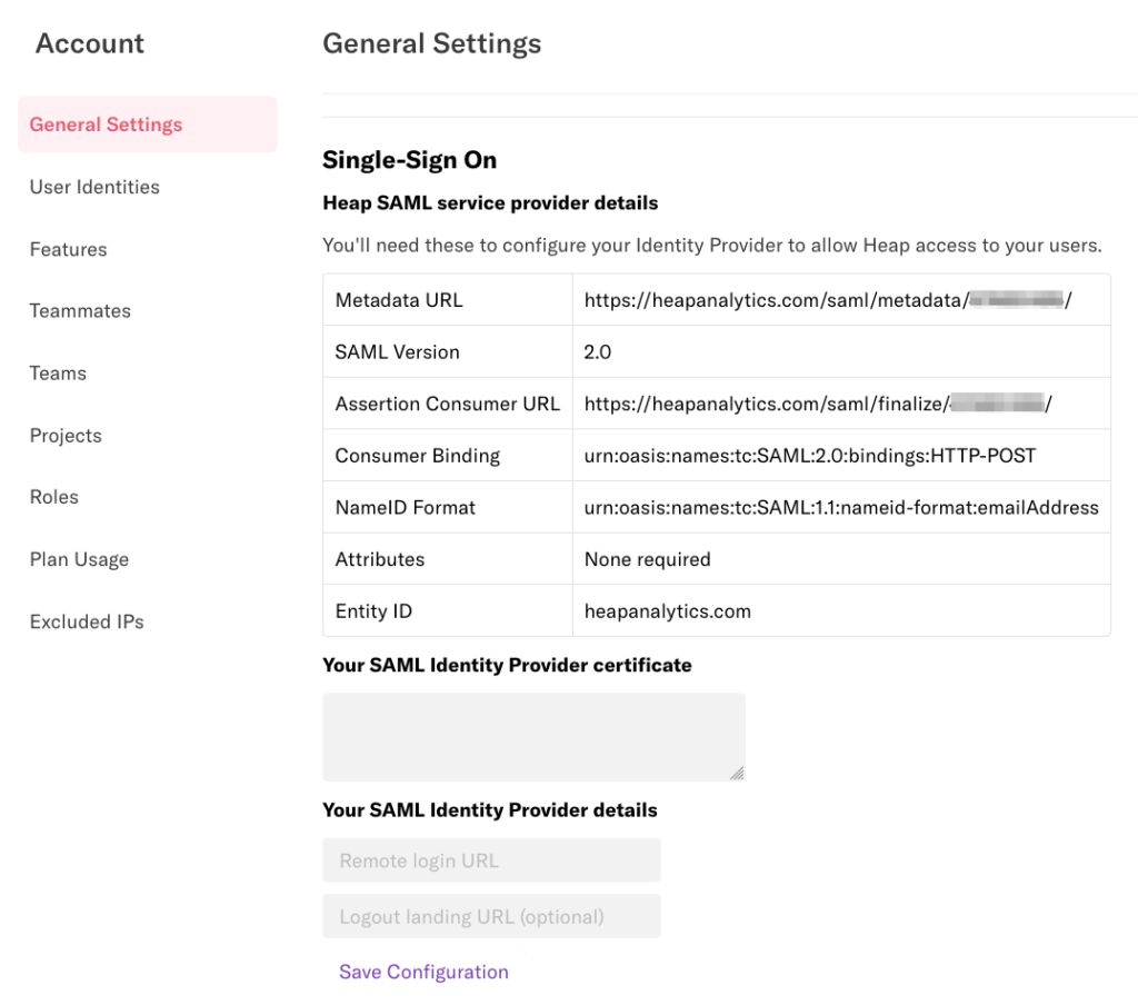 The Single Sign-on section of the General Settings page in Heap