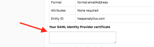 The Single Sign-on section in Heap with an arrow pointed at the 'Your SAML Identity Provider Certificate' field