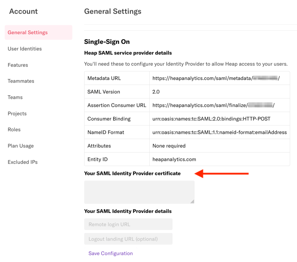 The General Settings page in Heap with an arrow pointed at the 'Your SAML Identity Provider certificate' field