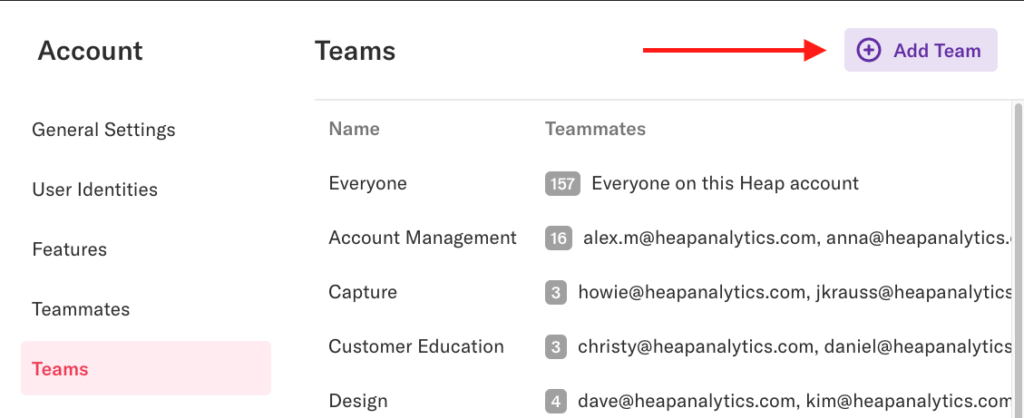 The teams page with an arrow pointed to the 'Add Team' button