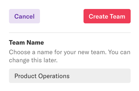 The Create Team pop-up with the text 'Product Operations' in the name field