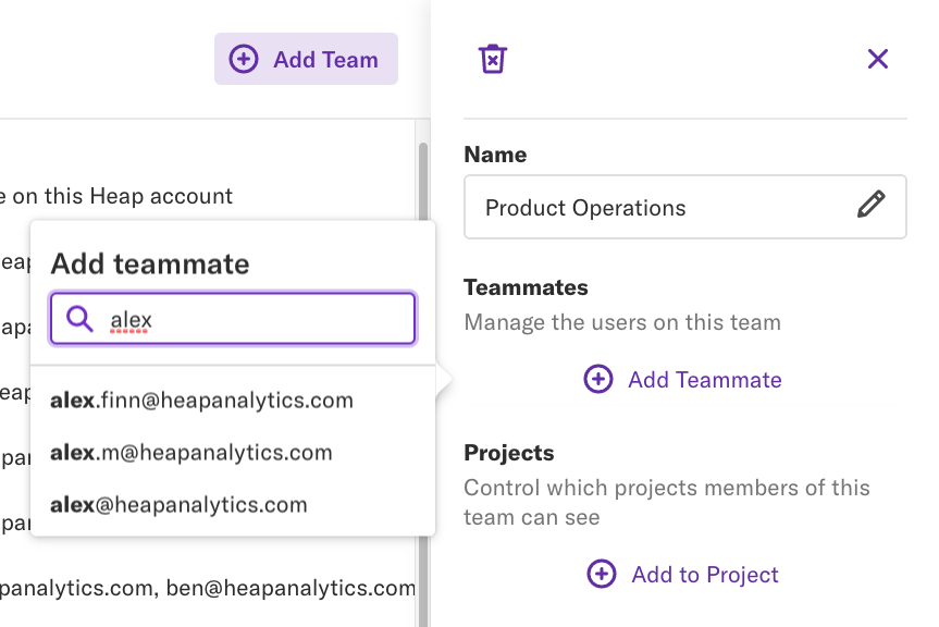 The details pane of the 'Product Operations' team with the 'Add Teammate' pop-up open and a search for 'Alex'