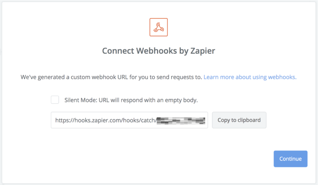 The Connect Webhooks by Zapier page with the custom webhook URL populated