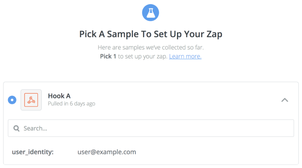 The 'Pick A Sample To Set Up Your Zap' page with Hook A selected