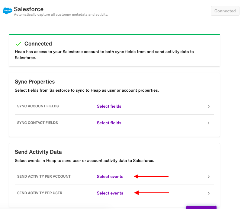 The Salesforce source page as it appears when connected with arrows pointing to the 'Add event' sections