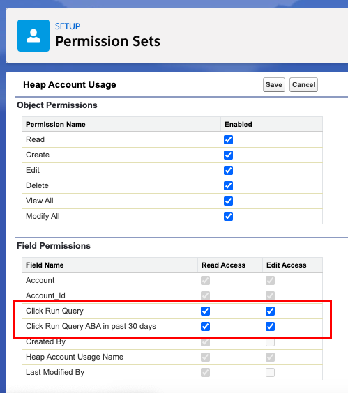 The Permission Sets page in Salesforce with the Click Run Query and Click Run Query ABA in past 30 days boxes checked