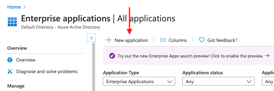 The Enterprise Applications in Azure with an arrow pointing to the 'New Application' button