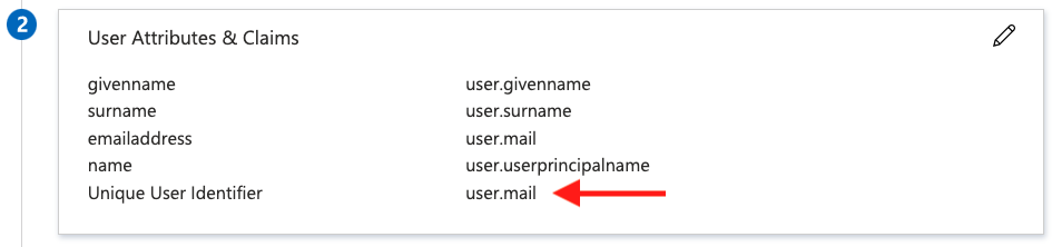 The User Attributes & Claims section in Azure with an arrow pointing at Unique User Identifier = user.mail