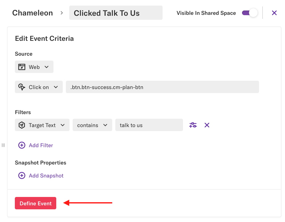 A 'Clicked Talk to Us' event in Heap defined as a click on a button where Target Text contains talk to us