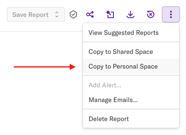 A report with the 'More options' drop-down open and an arrow pointing to the 'Copy to Personal Space' option