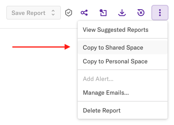 A report with the 'More options' drop-down open and an arrow pointing to the 'Copy to Shared Space' option