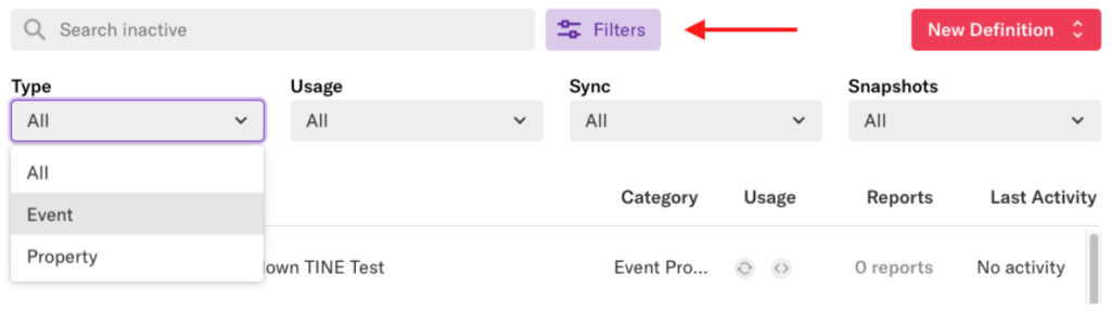 The inactive events page with an arrow pointing to the filters button