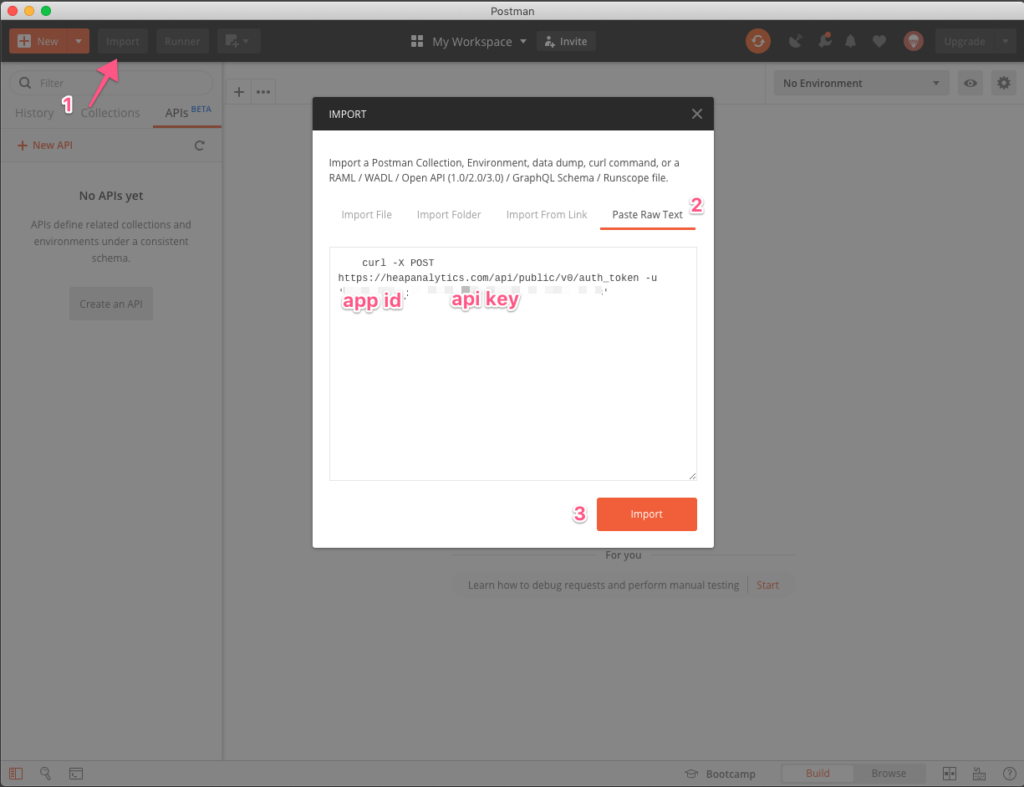 The Import pop-up in Postman with the cURL command pasted in