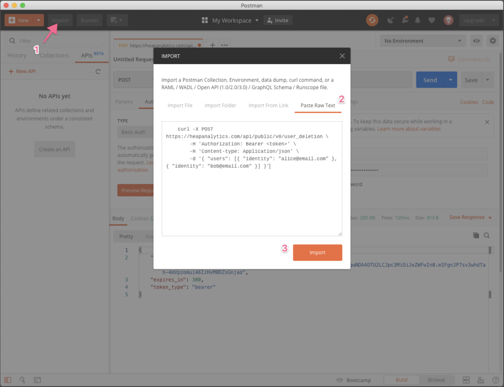 The Import pop-up in Postman with an arrow pointed at the Import Button and the raw text pasted in