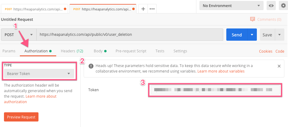 The Authorization tab in Postman with the Type and Token fields highlighted