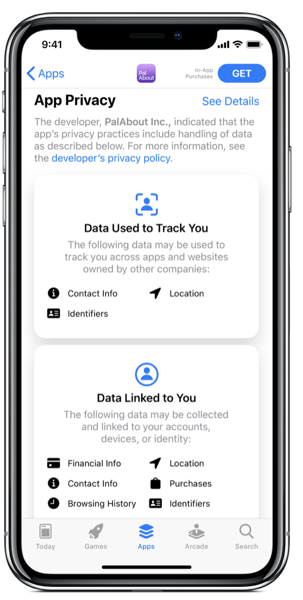 Example iphone screen listing data used to track you and data linked to you