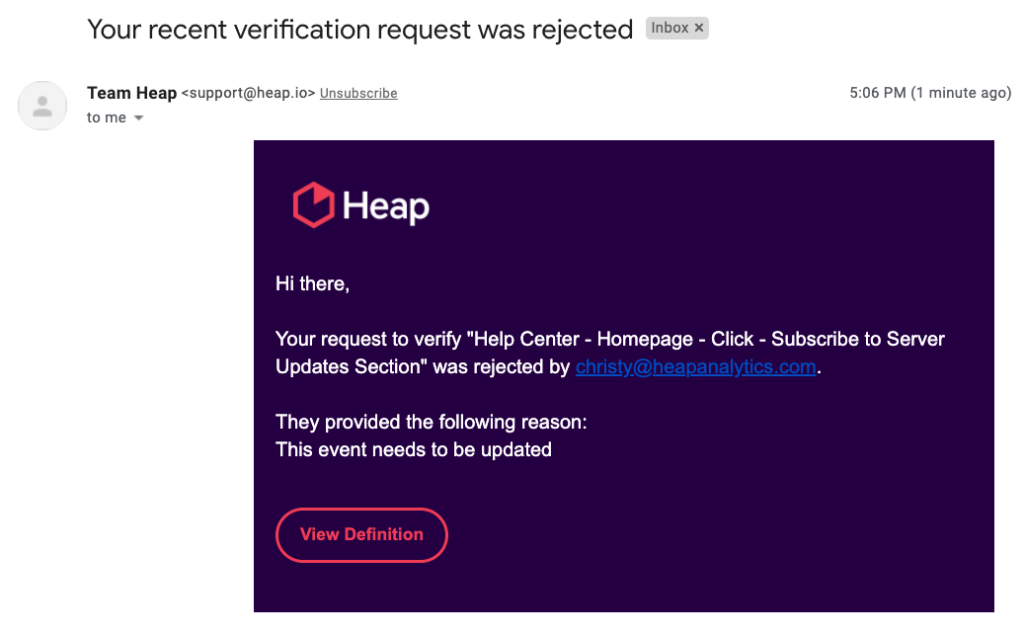 An email titled 'Your recent verification request was rejected' with the note left by the Admin in the email
